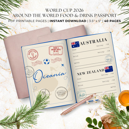 Vintage-inspired Around the World Food & Drink Passport printable featuring 48 World Cup nations, interactive food and drink rating pages, distressed passport stamps, continent divider pages, memory snapshots, Top 10 World Cup Flavors tracker, and official completion certificate in a royal blue, red, and cream travel-themed design.