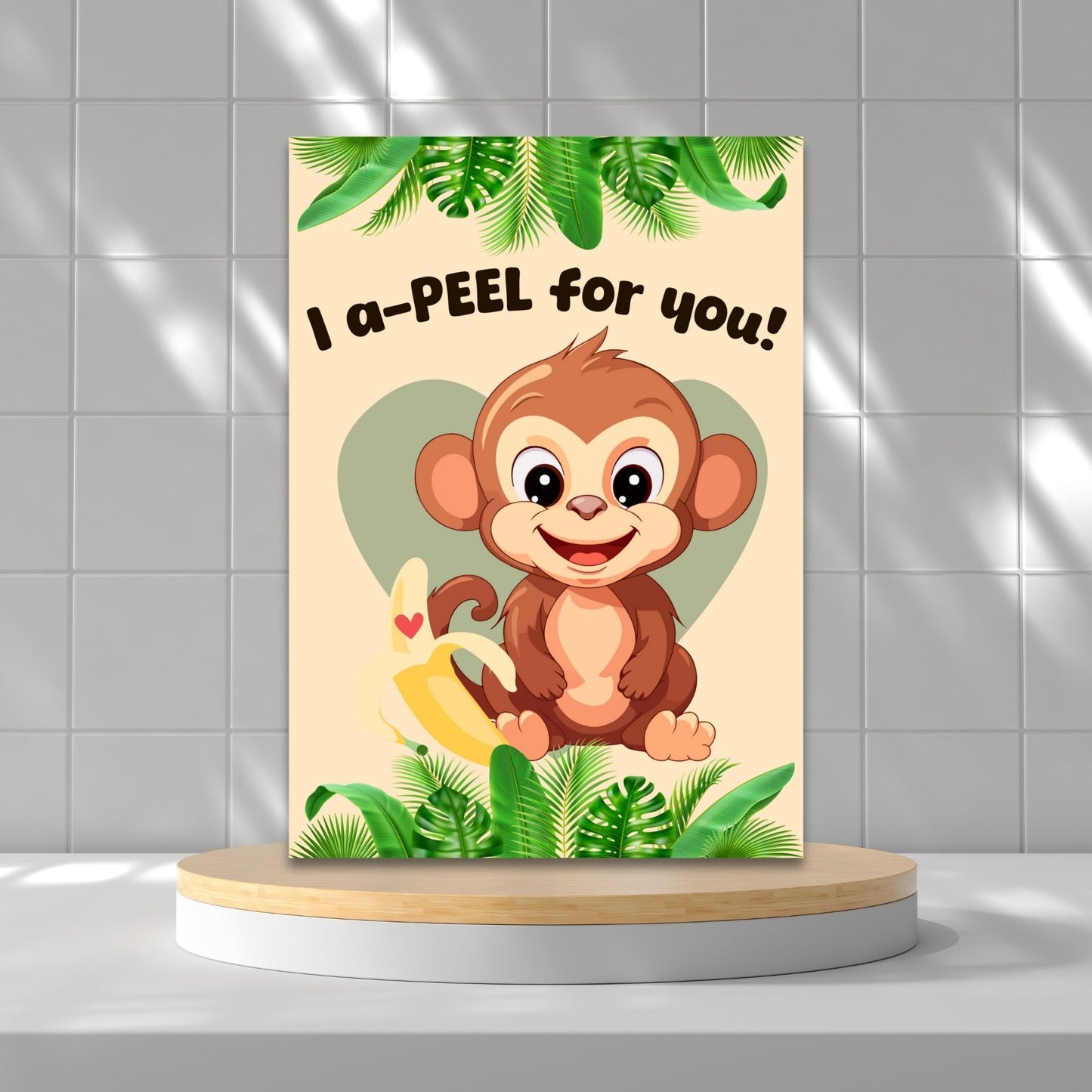 Printable Valentine’s Day Greeting Card featuring the phrase “I Apeel for You” with a banana theme. Designed as a 5x7 PDF on an 8.5 x 11 sheet with two cards per page. A fun and playful Valentine’s card for fruit lovers.