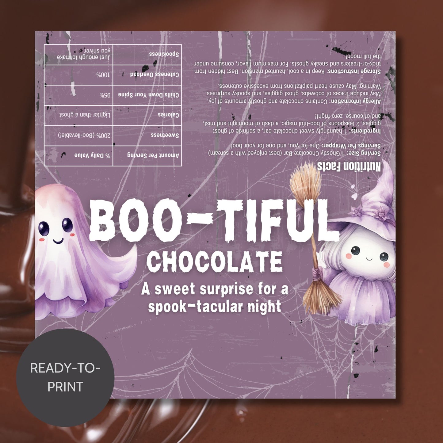 Printable and editable Boo/Ghost-themed Halloween chocolate bar wrapper featuring cute ghosts and witches, perfect for Halloween parties and treats.