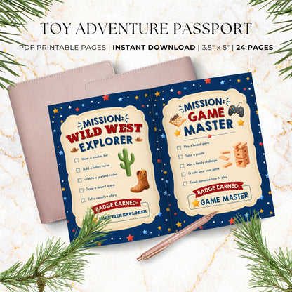 Toy-themed printable activity book featuring Wild West Explorer and Game Master mission pages with interactive challenges and achievement badges for children.