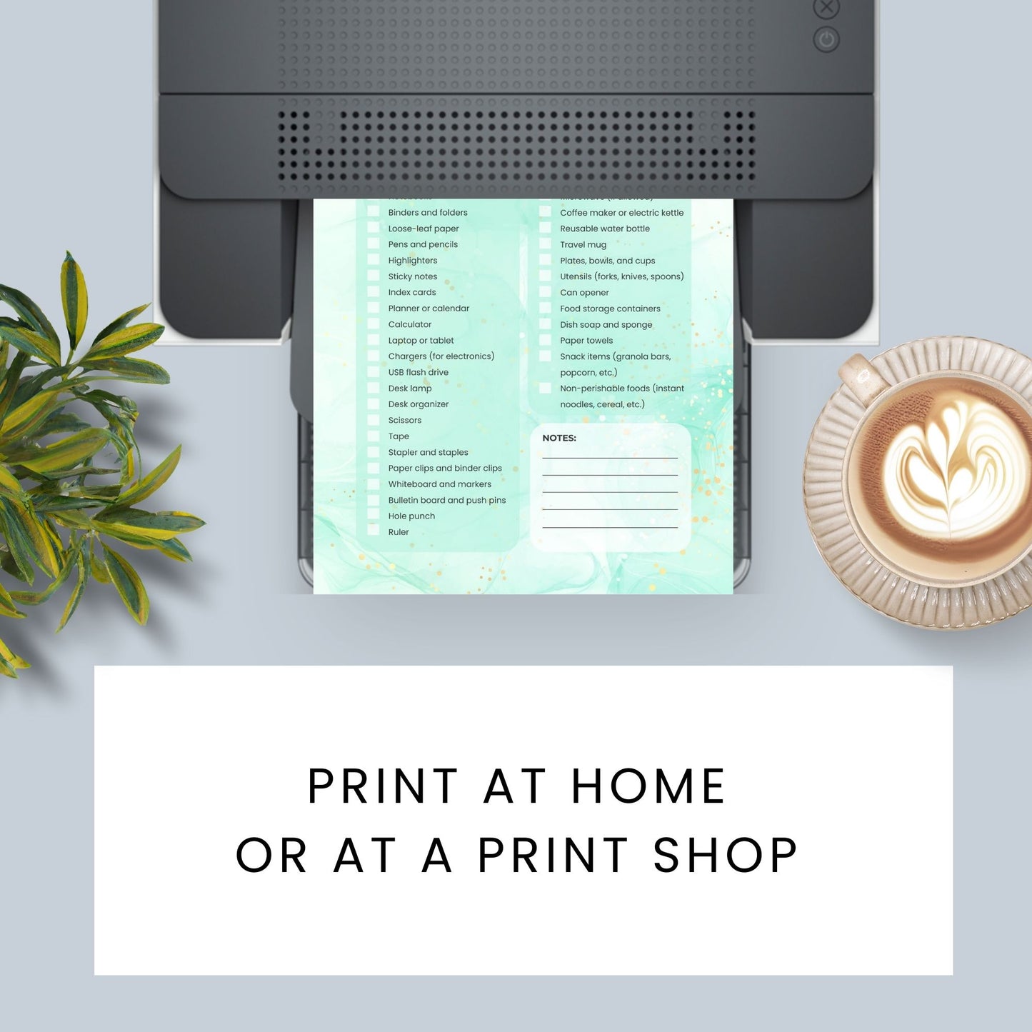 Printable Dorm Checklist with a stylish green marble design, listing all essential items for college students.