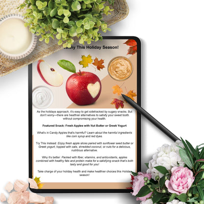  Editable menu template promoting healthy alternatives to candy apples, featuring fresh apple slices with nut butter or Greek yogurt, perfect for wellness events, cafes, and health-conscious consumers.