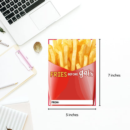 Printable fast food gift card holders for students and anyone, 5x7 inches, laid out on an 8.5 x 11 inch sheet, with a playful "Fries Before Gals" message.