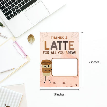 Printable 5x7 gift card holder with “Thanks a Latte for All You Brew” message – ideal for teachers, employees, students, coworkers, parents – features cute coffee design, 2 per sheet plus single version with bleed