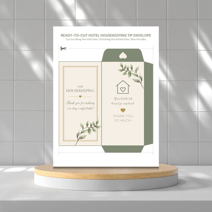 A printed housekeeping tip envelope template shown upright on a round pedestal against a tiled wall. The envelope design is cream and sage green with botanical leaf illustrations and placeholder text for housekeeping thanks and compliments.