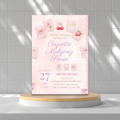 Pink event invitation card on a round wooden platform with a tiled wall background