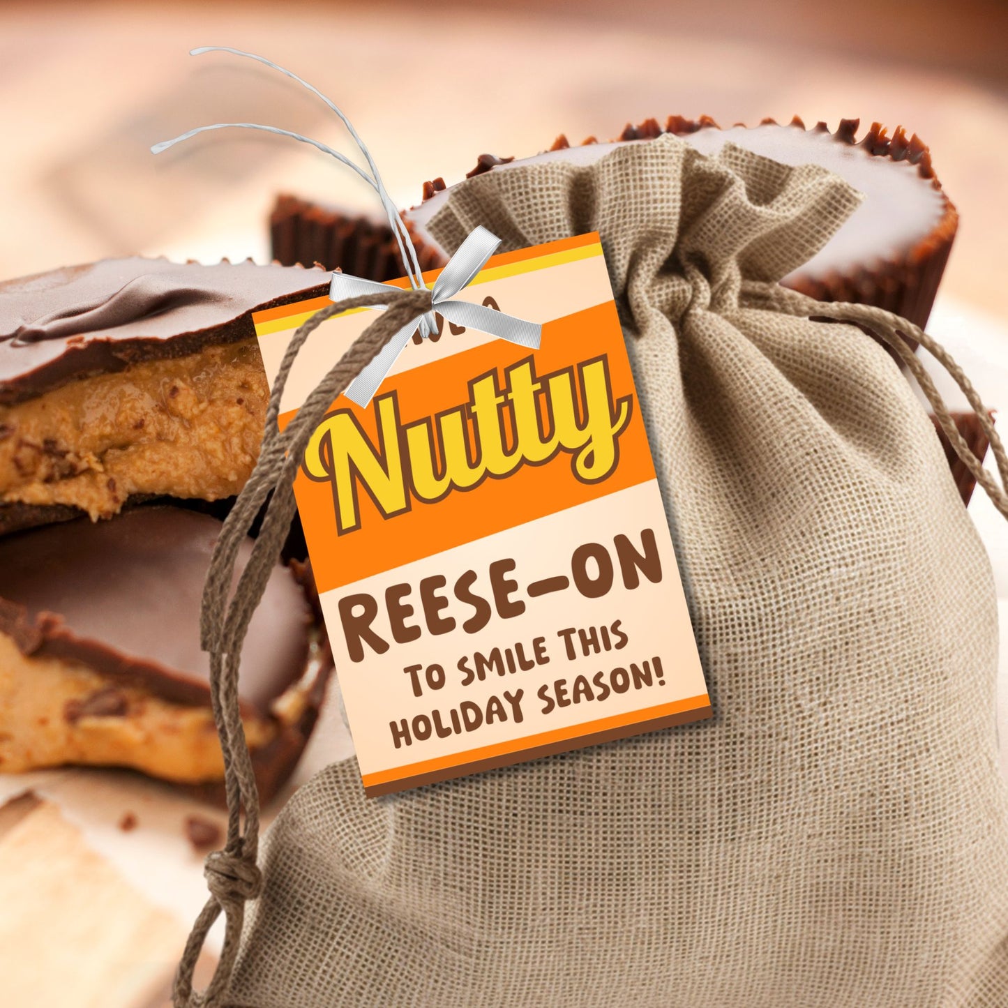 Festive holiday gift tags with a playful "Have a Nutty Reeson to Smile This Holiday Season!" message, perfect for nutty treats or chocolate gifts. Includes printable PDF and editable Canva template.