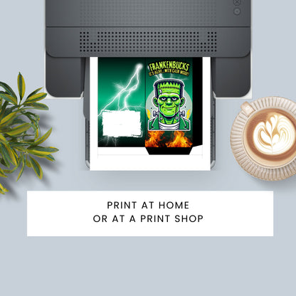 Printer with a printed design of a green monster character on a white surface with a plant and coffee cup.