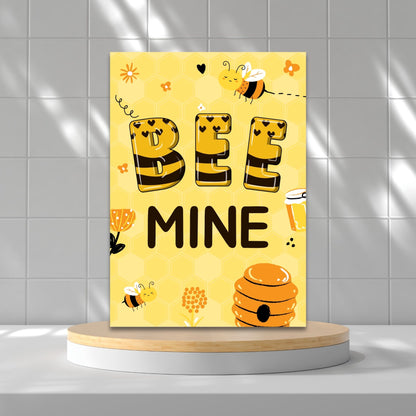 Printable Valentine’s Day Greeting Card featuring the phrase “Bee Mine.” Designed as a 5x7 PDF on an 8.5 x 11 sheet with two cards per page. A cute and charming Valentine’s card for bee lovers.