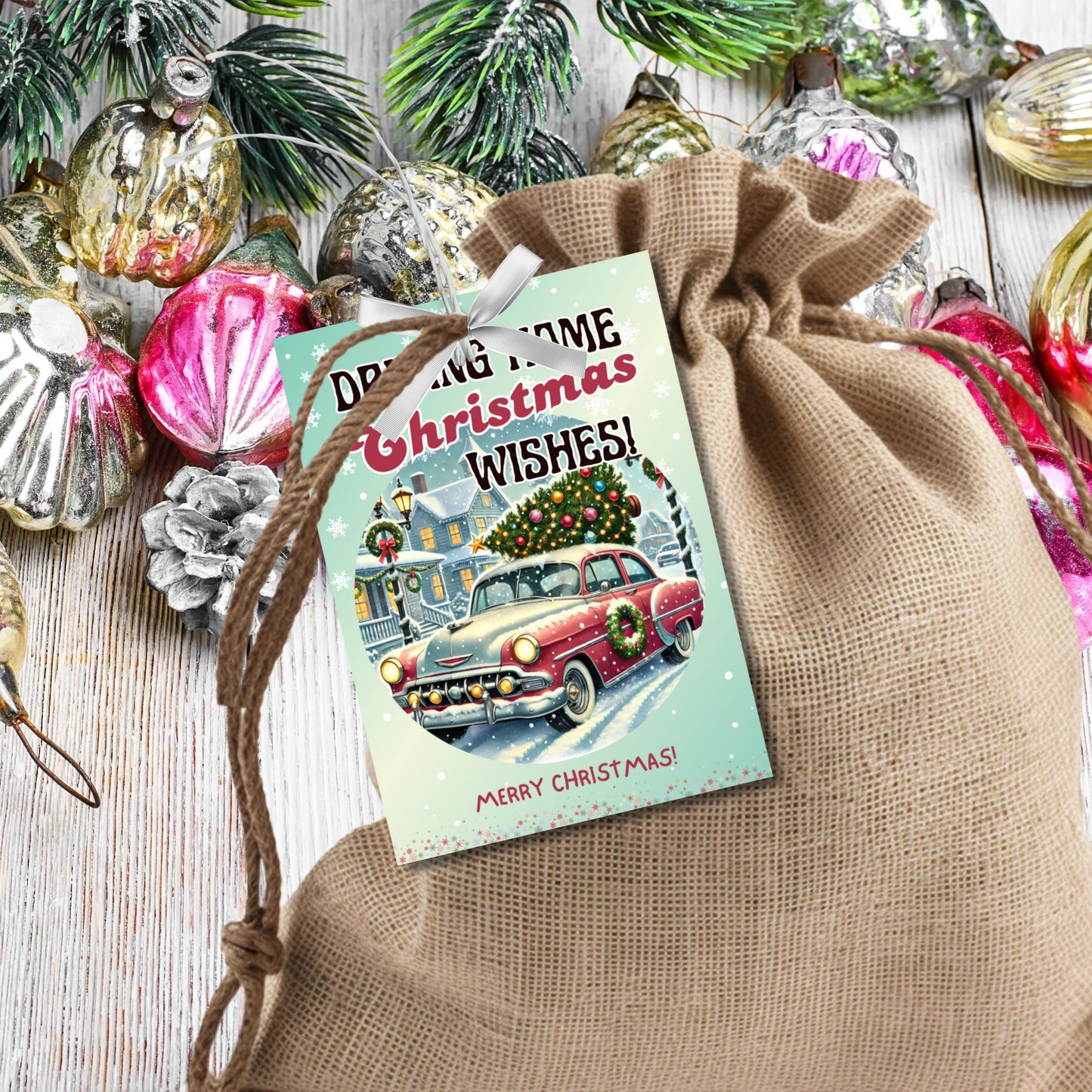 Retro-inspired Christmas gift tags featuring a vintage car decorated with wreaths driving through a snowy holiday scene, paired with the message "Driving Home Christmas Wishes!" These printable and editable tags add a nostalgic holiday touch to Christmas gifts.