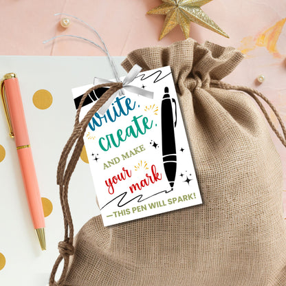 Festive pen-themed Christmas gift tags with the message 'Write, Create, and Make Your Mark - This Pen Will Spark!' Perfect for adding a creative touch to holiday gifts for teachers, students, and writers.