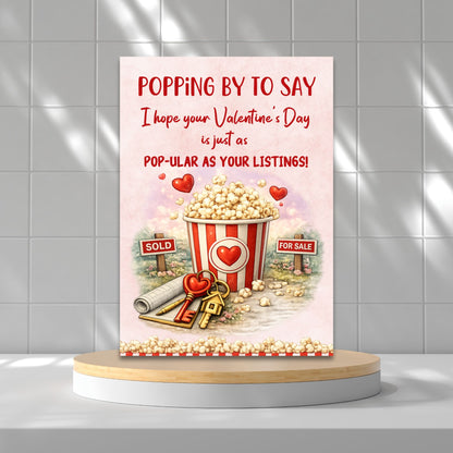 Printable popcorn Valentine’s Day card for realtors featuring a popcorn bucket, real estate signs, keys, and the phrase “Pop-ular as Your Listings,” designed as a client appreciation gift.