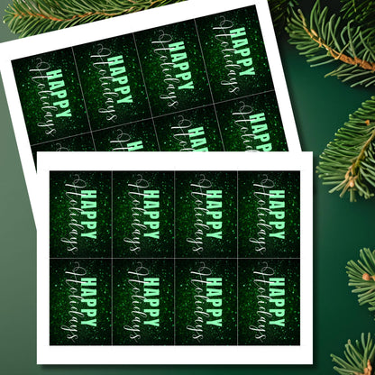 Green-themed ready-to-print Holiday gift tags featuring a glittery green background with elegant "Happy Holidays" text, 2.5 x 3.5 inches, 8 per 8.5 x 11-inch sheet.