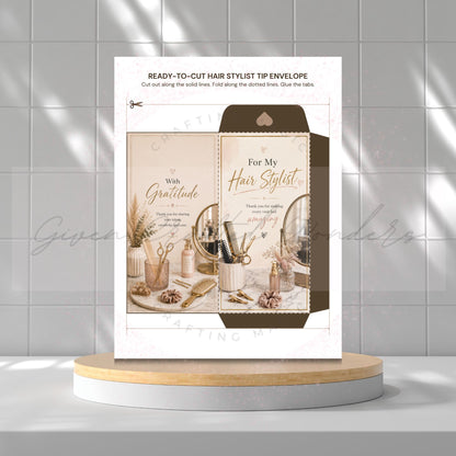 A printed hair stylist tip envelope card displayed upright on a round pedestal against a tiled wall. The card shows a designed front with decorative spa-style imagery and text, plus a cut-line diagram at the top explaining how to fold and cut the envelope.