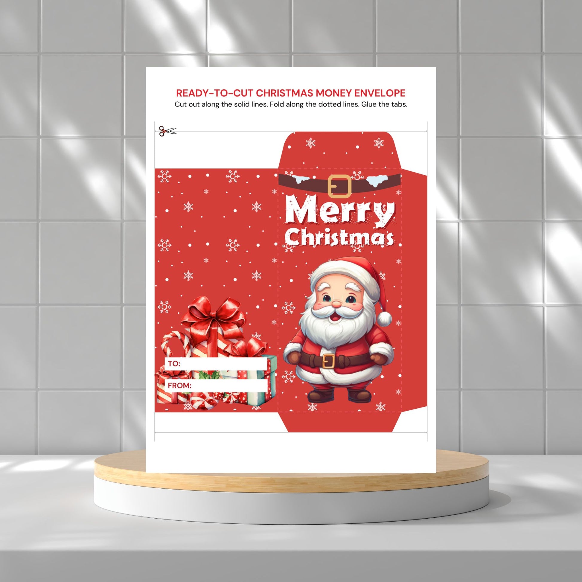 Christmas money envelope with Santa Claus design on a white background
