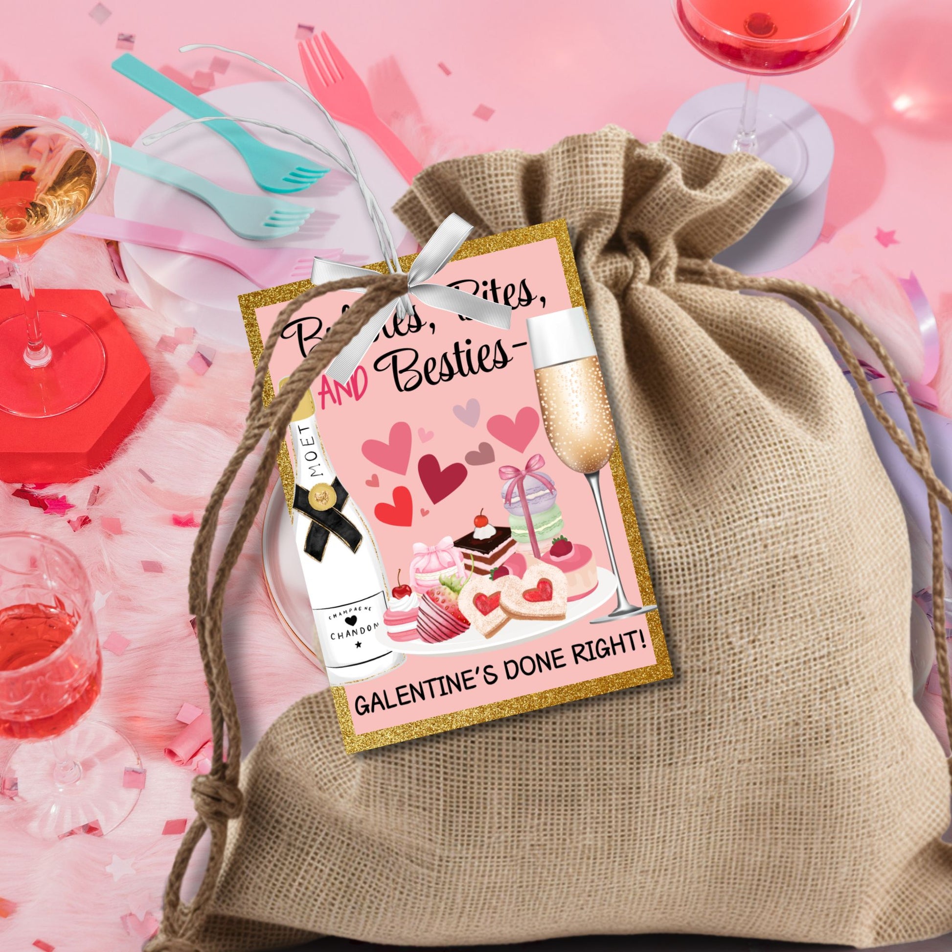 Festive printable and editable Galentine’s Day gift tags featuring champagne, sweets, and the message "Bubbles, Bites, and Besties." Perfect for wine nights, brunch, or Galentine’s gift bags.