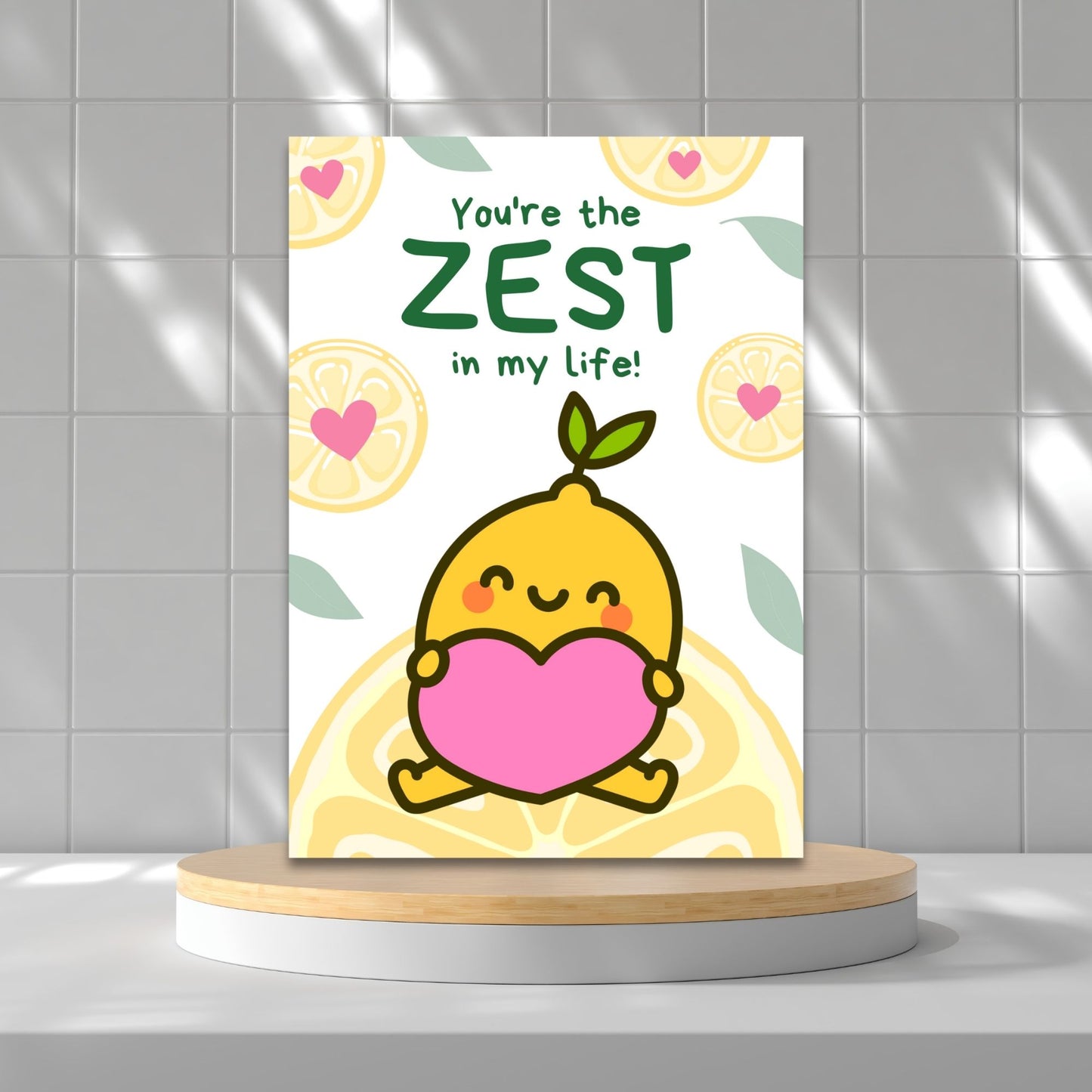 Printable Valentine’s Day Greeting Card featuring the phrase “You’re the Zest in My Life” with a lemon theme. Designed as a 5x7 PDF on an 8.5 x 11 sheet with two cards per page. A fun and punny Valentine’s card for loved ones.