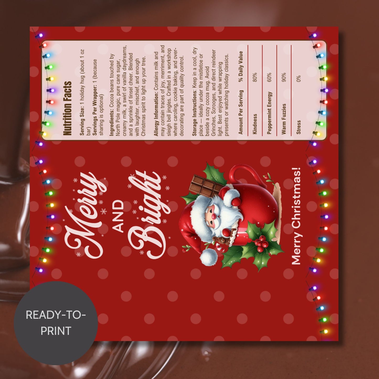 Christmas-themed product packaging with Santa Claus illustration and colorful lights on a red background.