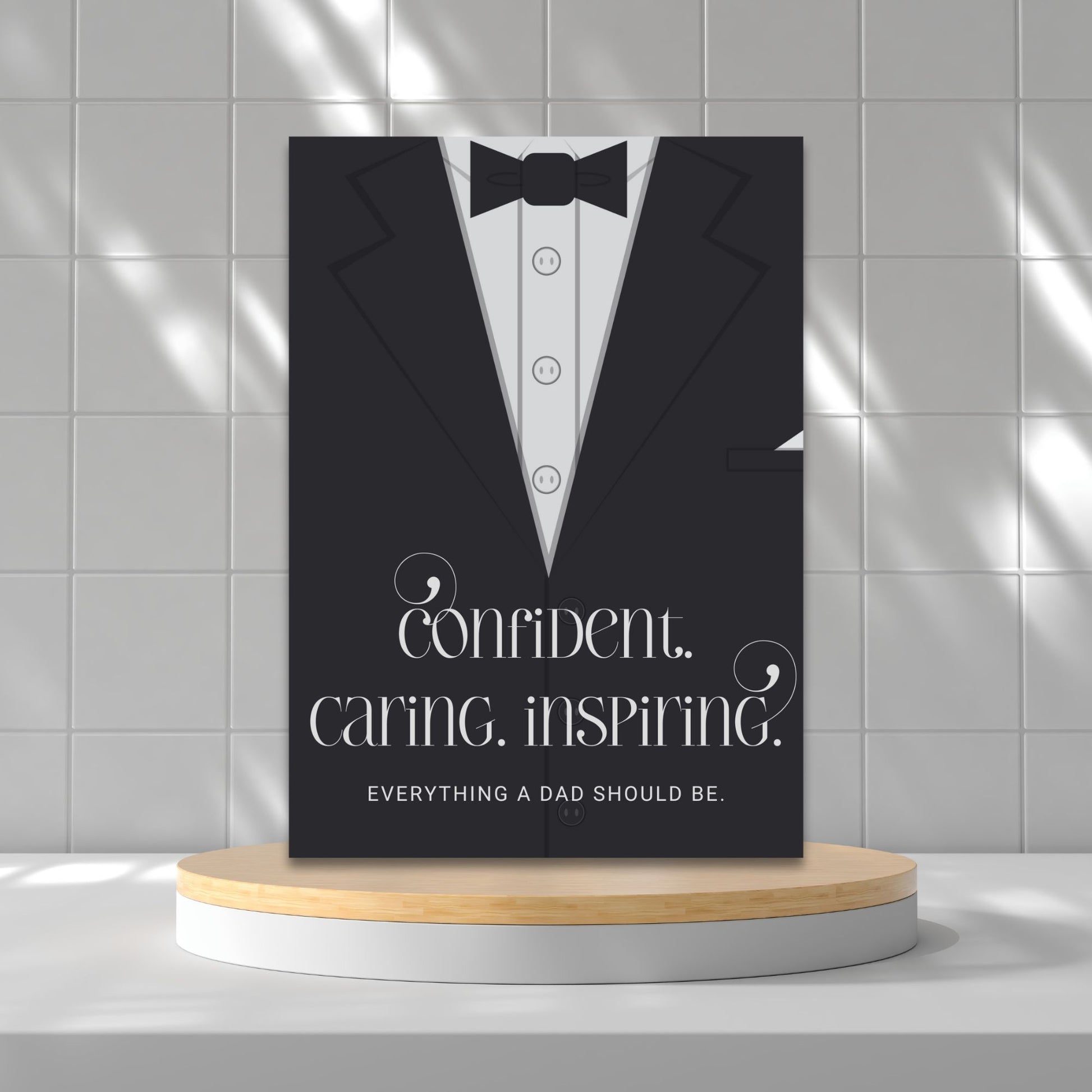 Father's Day card printable with bold text 'Confident. Caring. Inspiring.' featuring a minimalist design of a suit and tie in grayscale tones.