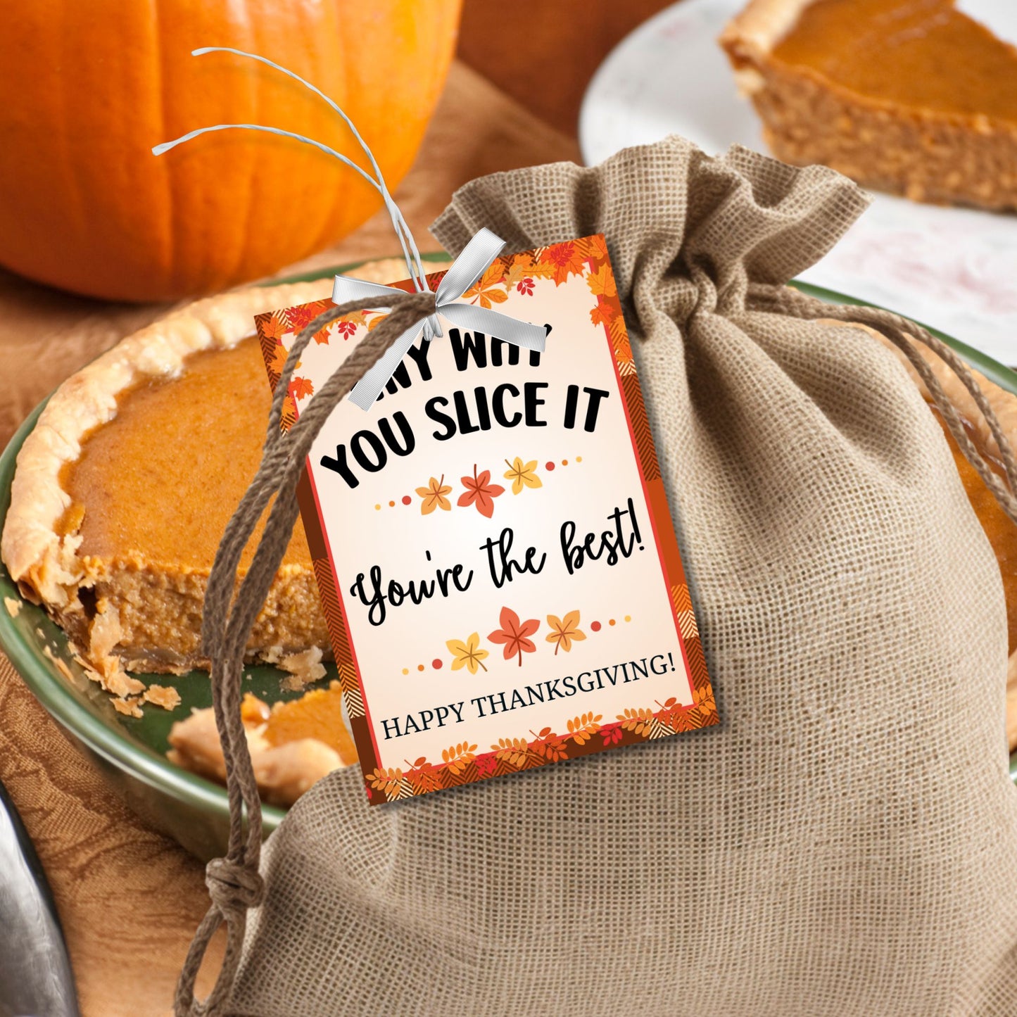 Printable Thanksgiving gift tags with the message 'Any Way You Slice It, You’re the Best!' featuring a festive autumn border perfect for pie gifts and holiday treats.