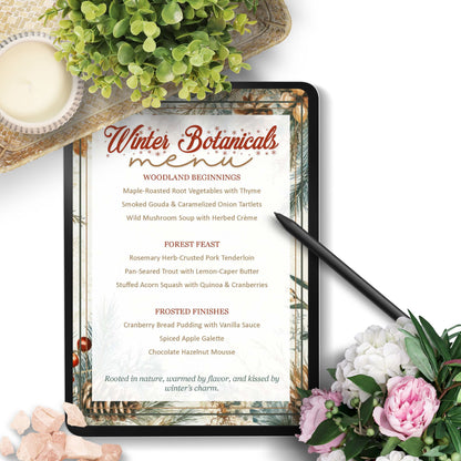 Winter Botanicals menu with floral and candle decorations on a white background