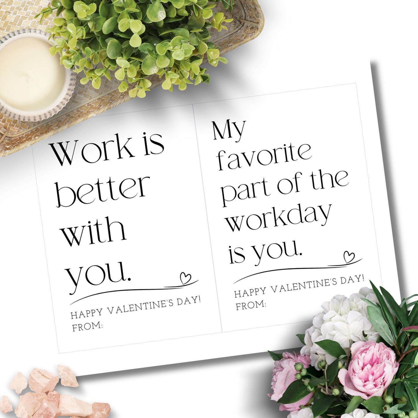 Minimalist black and white printable Valentine card for work besties featuring clean typography and office-friendly appreciation message.