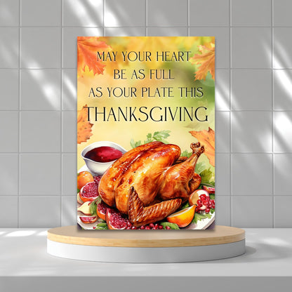 Printable Thanksgiving Greeting Card with the message 'May Your Heart Be as Full as Your Plate This Thanksgiving,' featuring festive fall designs.