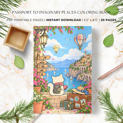 A colorful illustrated coloring book cover titled 'Passport to Imaginary Places Coloring Book' is shown as a product mockup on a marble surface with decorative leaves, pine branches, a wooden tray, and a pencil. The cover art features a white cat with a backpack looking out over a coastal town, hot air balloons, mountains, and blue water.