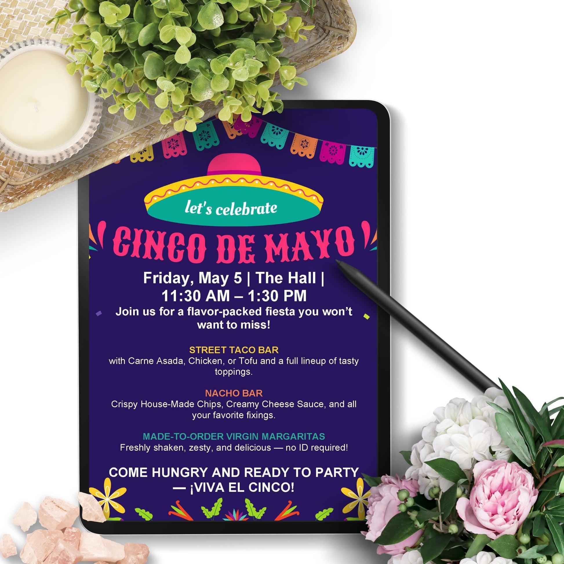 Editable Cinco de Mayo flyer with vibrant sombrero and papel picado design; fixed header says “Let’s Celebrate Cinco de Mayo,” with editable fields for event details and menu.