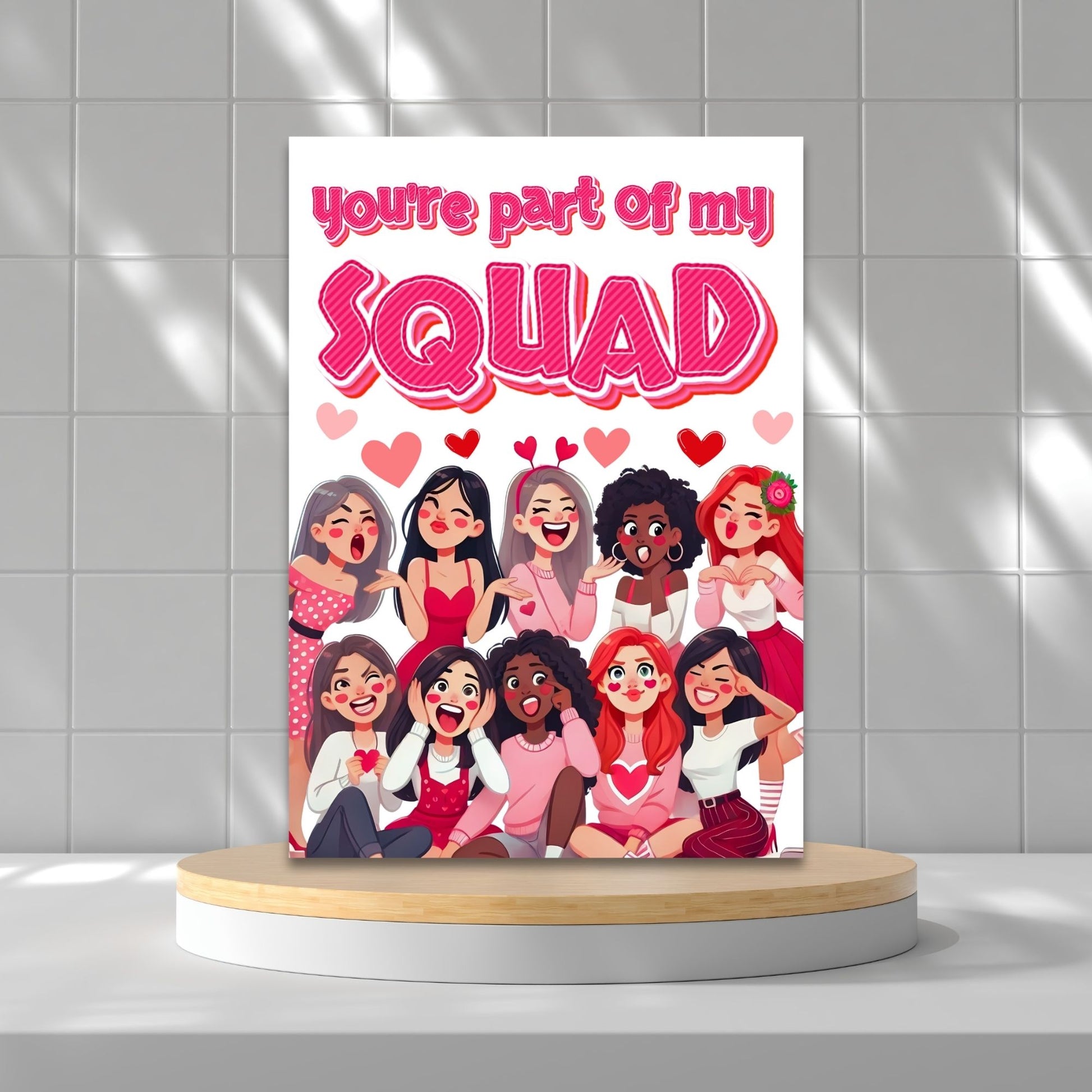 A stylish printable Galentine’s Day greeting card with a trendy "You’re Part of My Squad" message, designed for best friends, featuring a 5x7-inch design for instant download and printing.