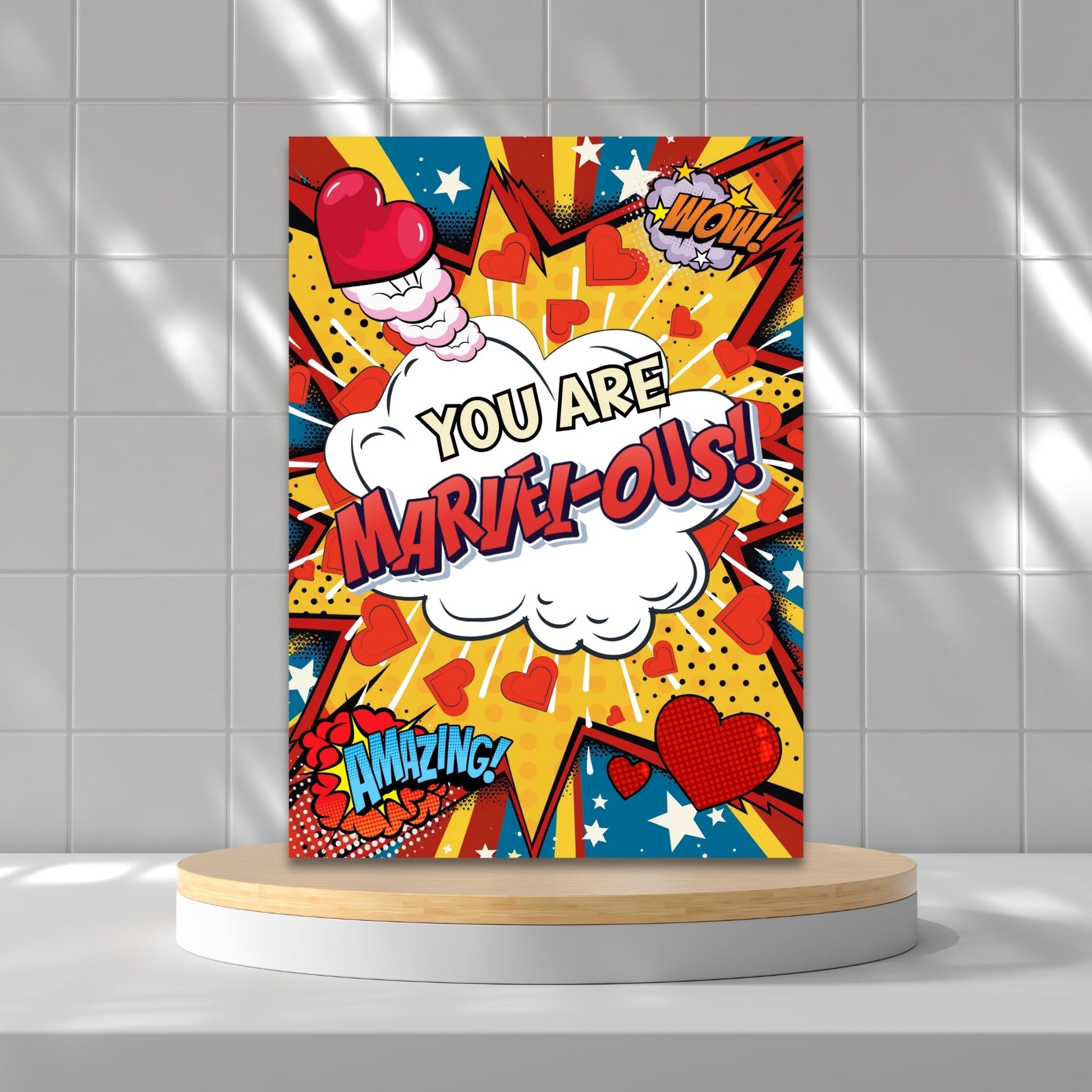 Printable Valentine’s Day Greeting Card featuring the superhero-inspired phrase “You Are MARVELous.” Designed as a 5x7 PDF on an 8.5 x 11 sheet with two cards per page. A bold and fun Valentine’s card for Marvel fans and comic lovers.