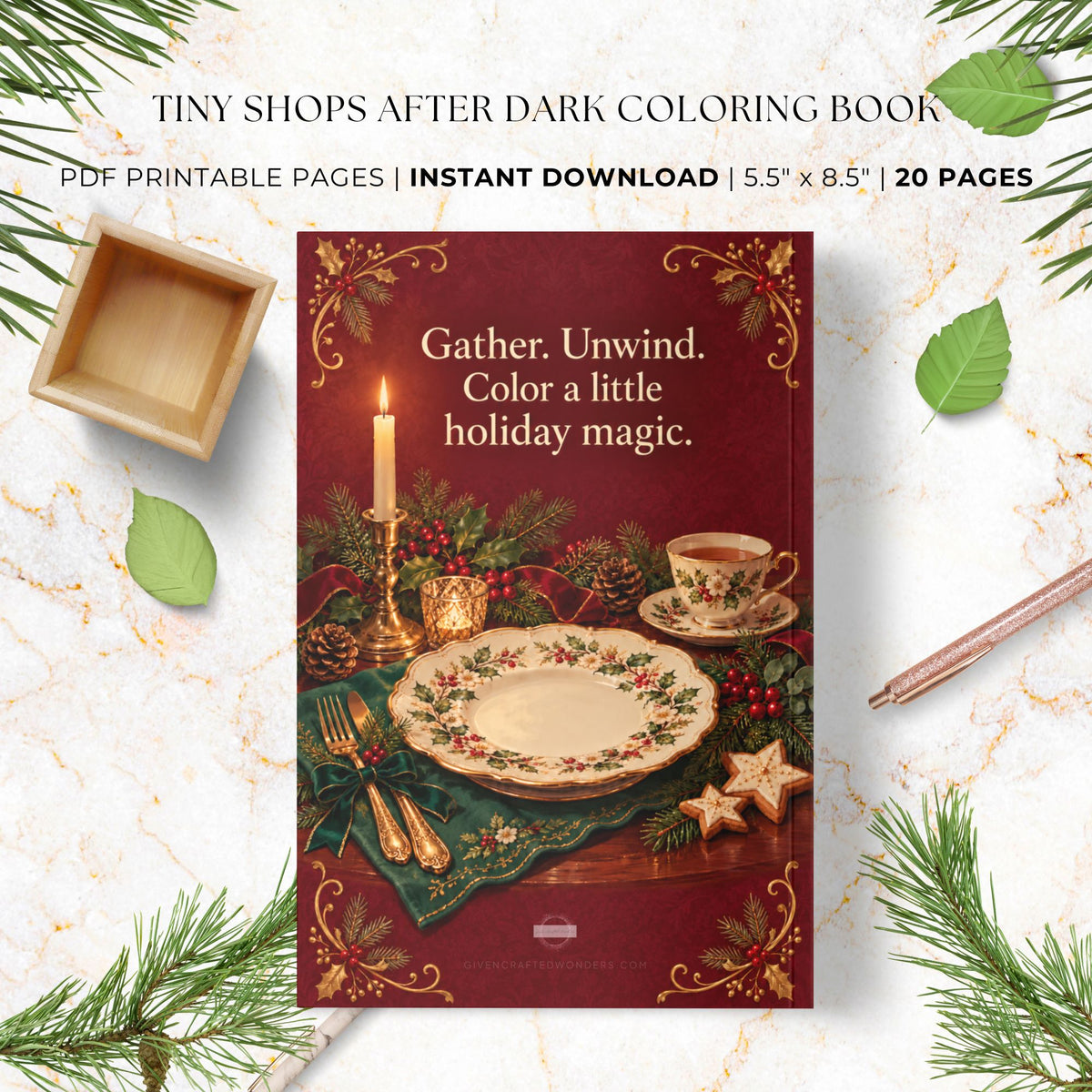 The Holiday Supper Club printable coloring book featuring festive table settings, candlelit dining scenes, holiday desserts, and decorative serving pieces, available as PDFs and PNGs.