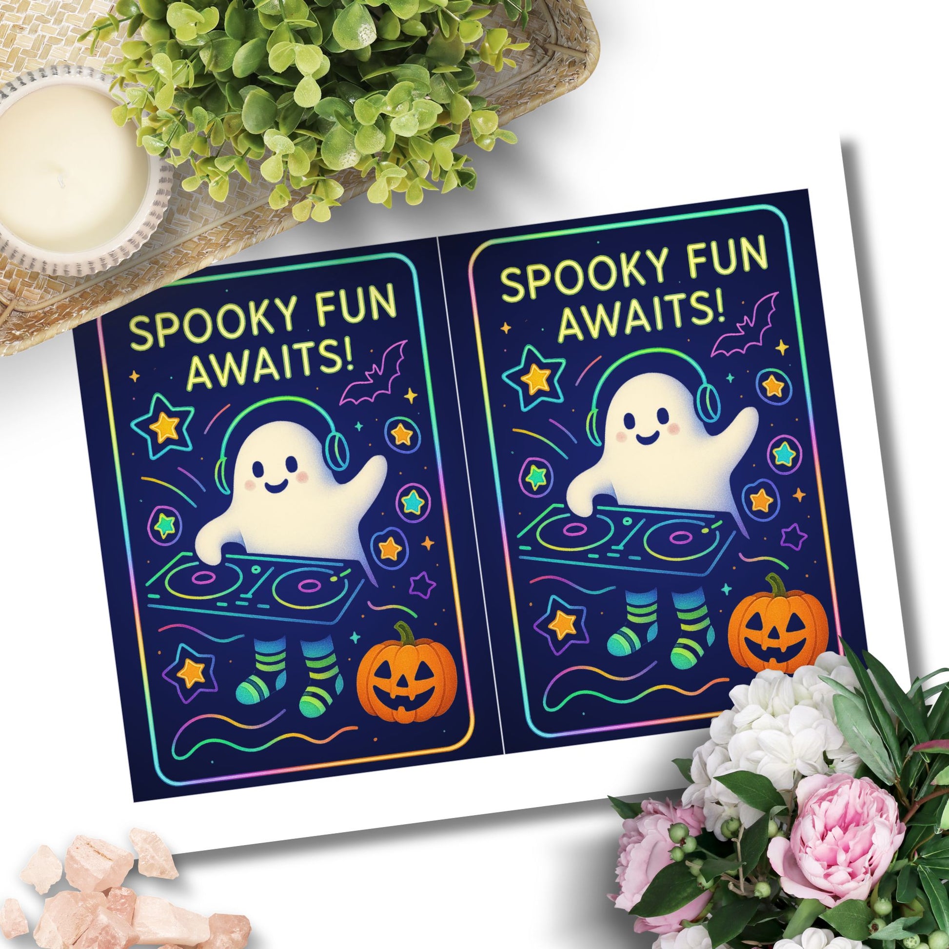 Two Halloween-themed greeting cards with ghosts and pumpkins on a white surface with decorative elements.