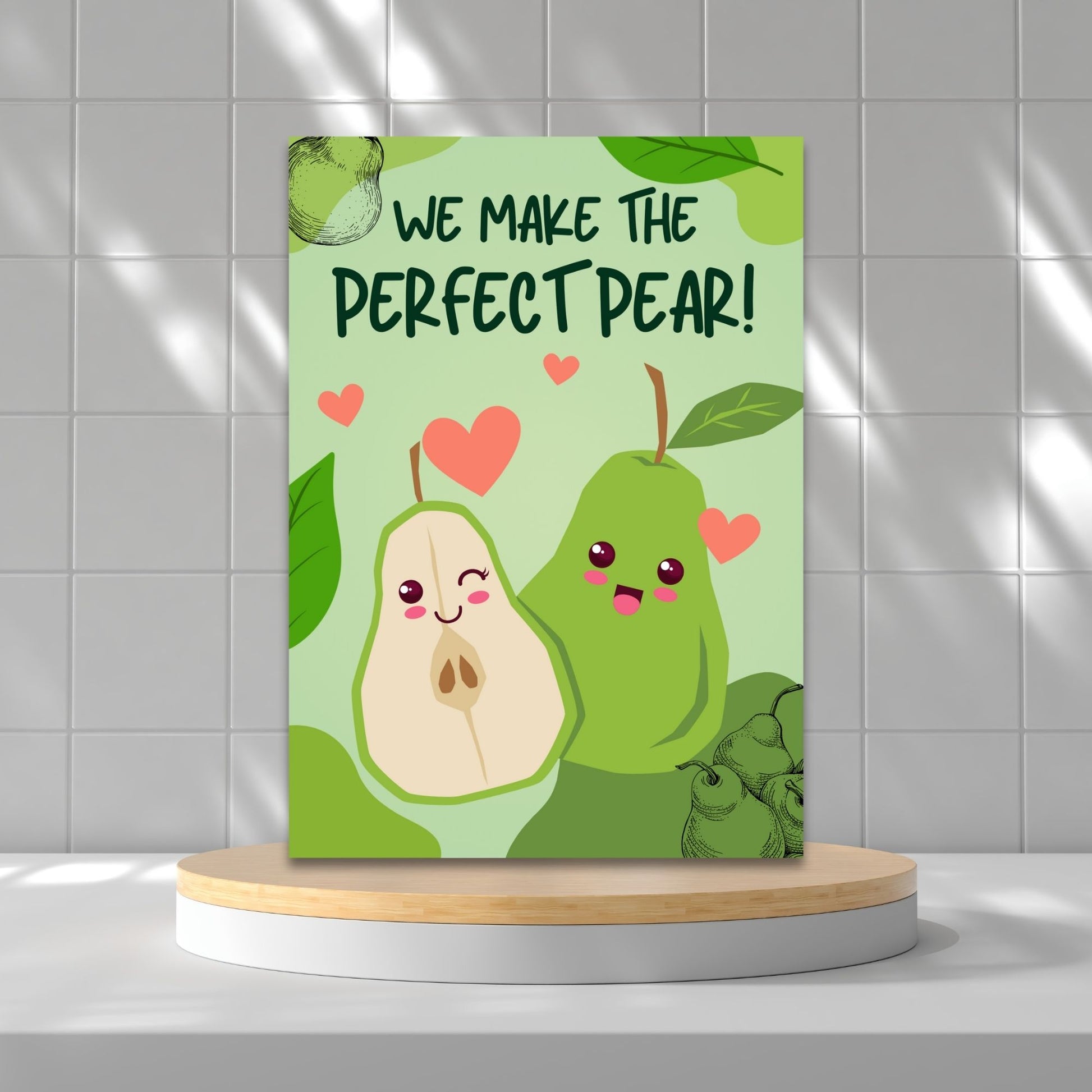 A cute and punny printable Valentine’s Day card featuring two adorable pears with smiling faces, symbolizing the perfect pair in love or friendship.