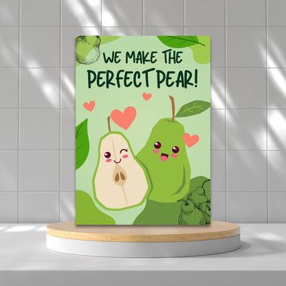 A cute and punny printable Valentine’s Day card featuring two adorable pears with smiling faces, symbolizing the perfect pair in love or friendship.