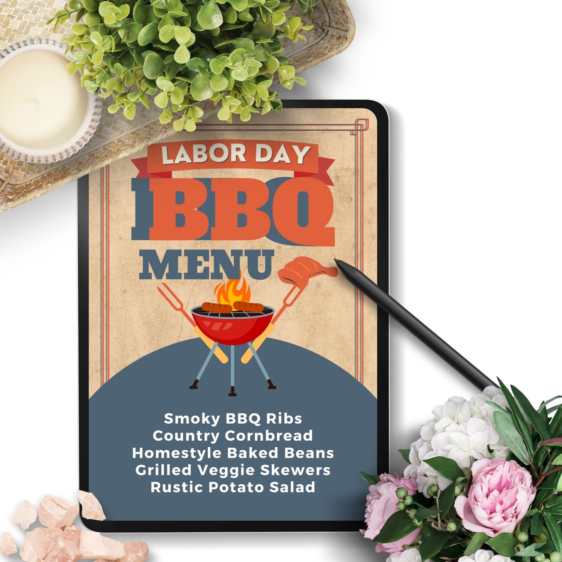 Rustic Labor Day BBQ menu with a vintage design, featuring editable food items like Smoky BBQ Ribs and Country Cornbread