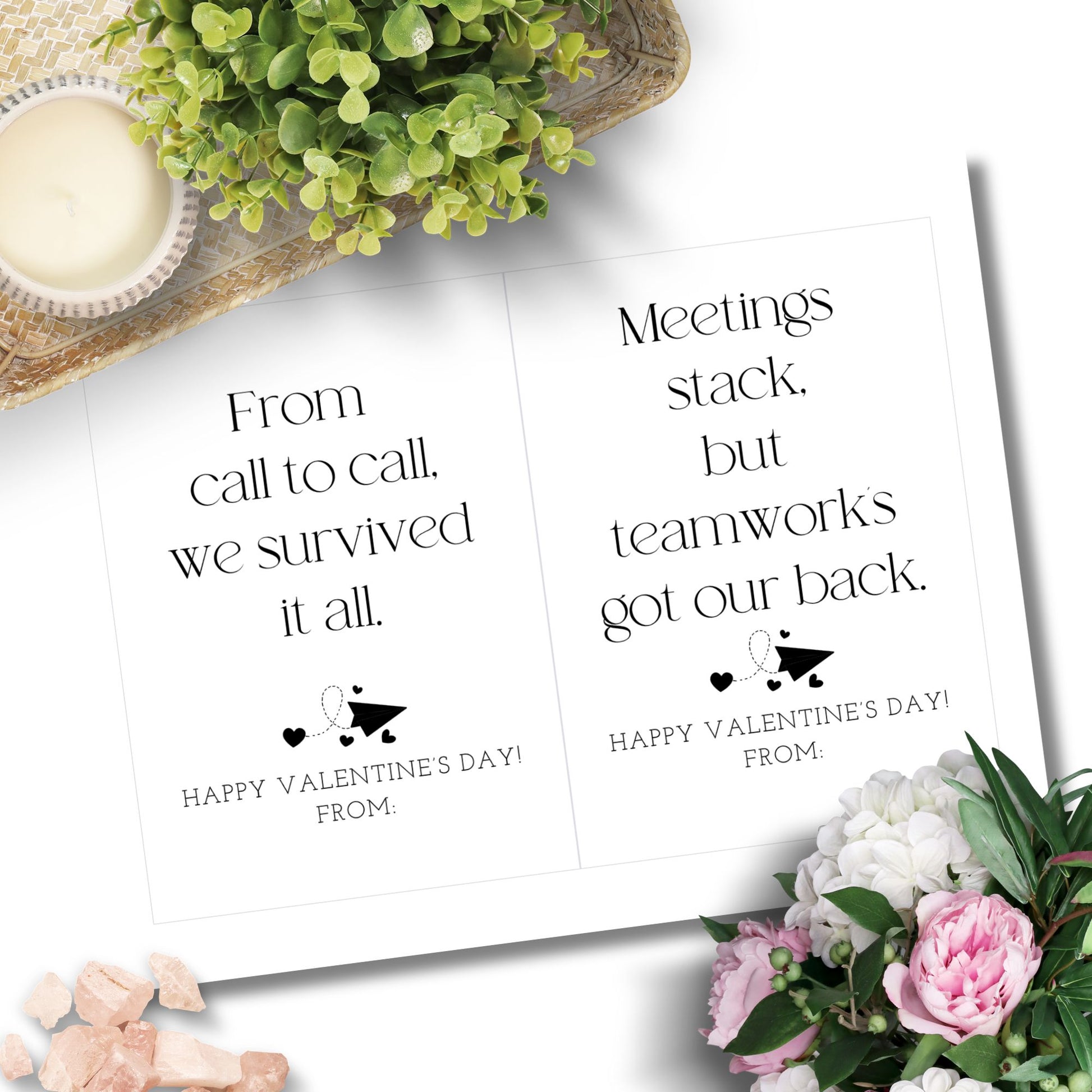 Minimalist black and white rhyming Valentine card printable for work besties and coworkers, designed in a clean office-friendly style.