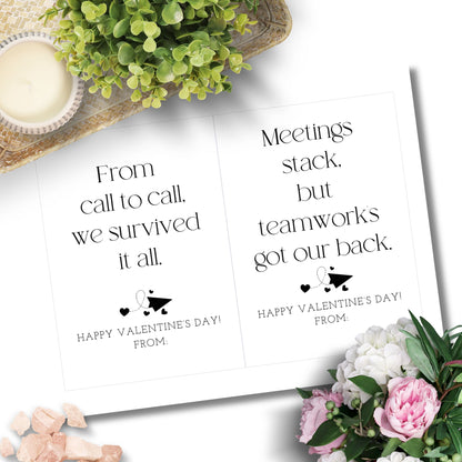 Minimalist black and white rhyming Valentine card printable for work besties and coworkers, designed in a clean office-friendly style.