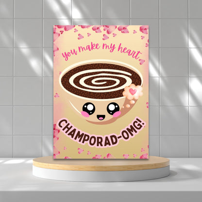 Printable Valentine’s Day card featuring the phrase “You Make My Heart ChamporadOMG” with a Filipino Champorado-inspired design. Designed as a 5x7 PDF on an 8.5 x 11 sheet with two cards per page. A punny and heartfelt Valentine’s card for Filipino food lovers.