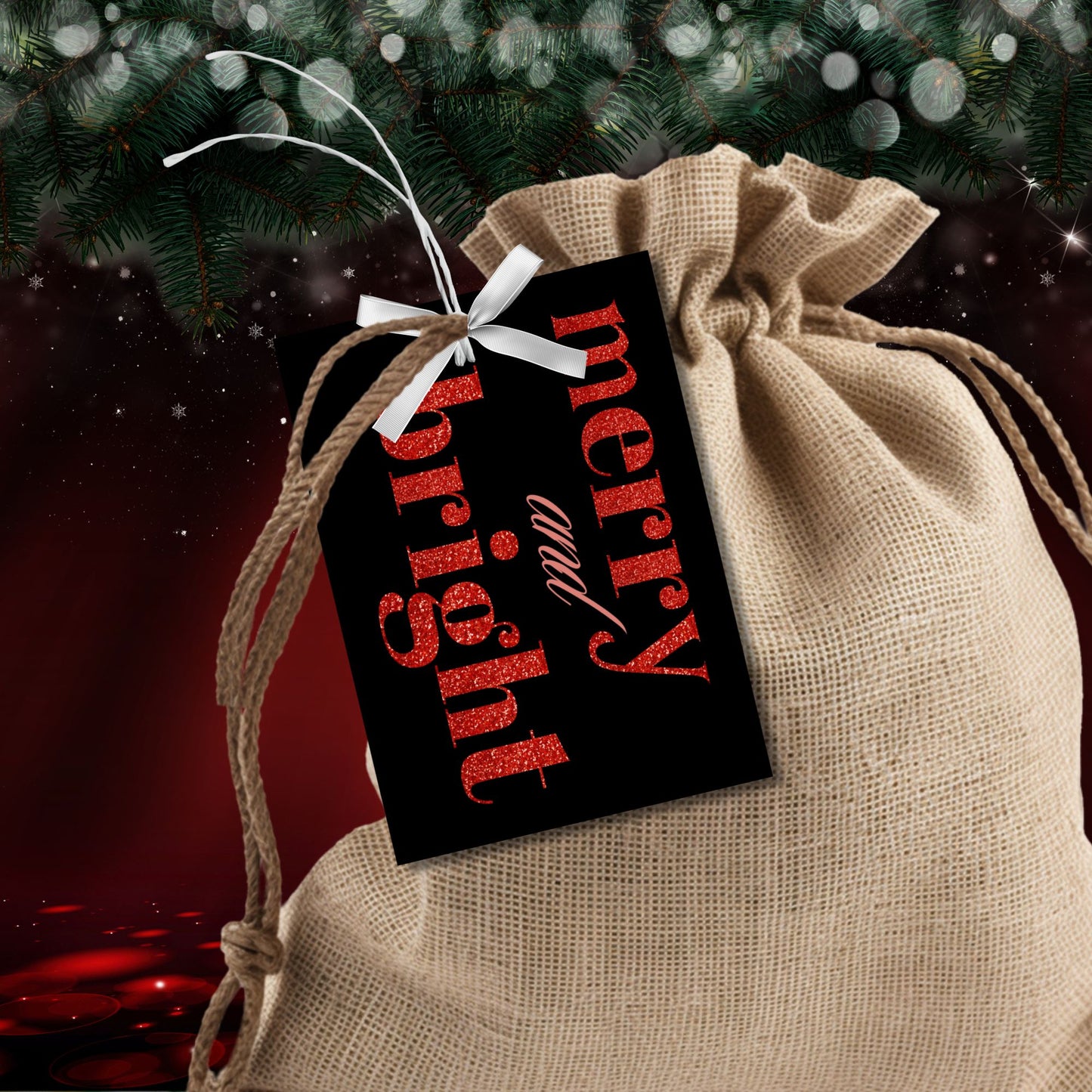 A set of ready-to-print Christmas gift tags featuring striking red glitter text on a black background with festive messages like "Merry and Bright" and "Season's Greetings." Each tag is sized at 2.5 x 3.5 inches, perfect for bold and festive holiday gifting.