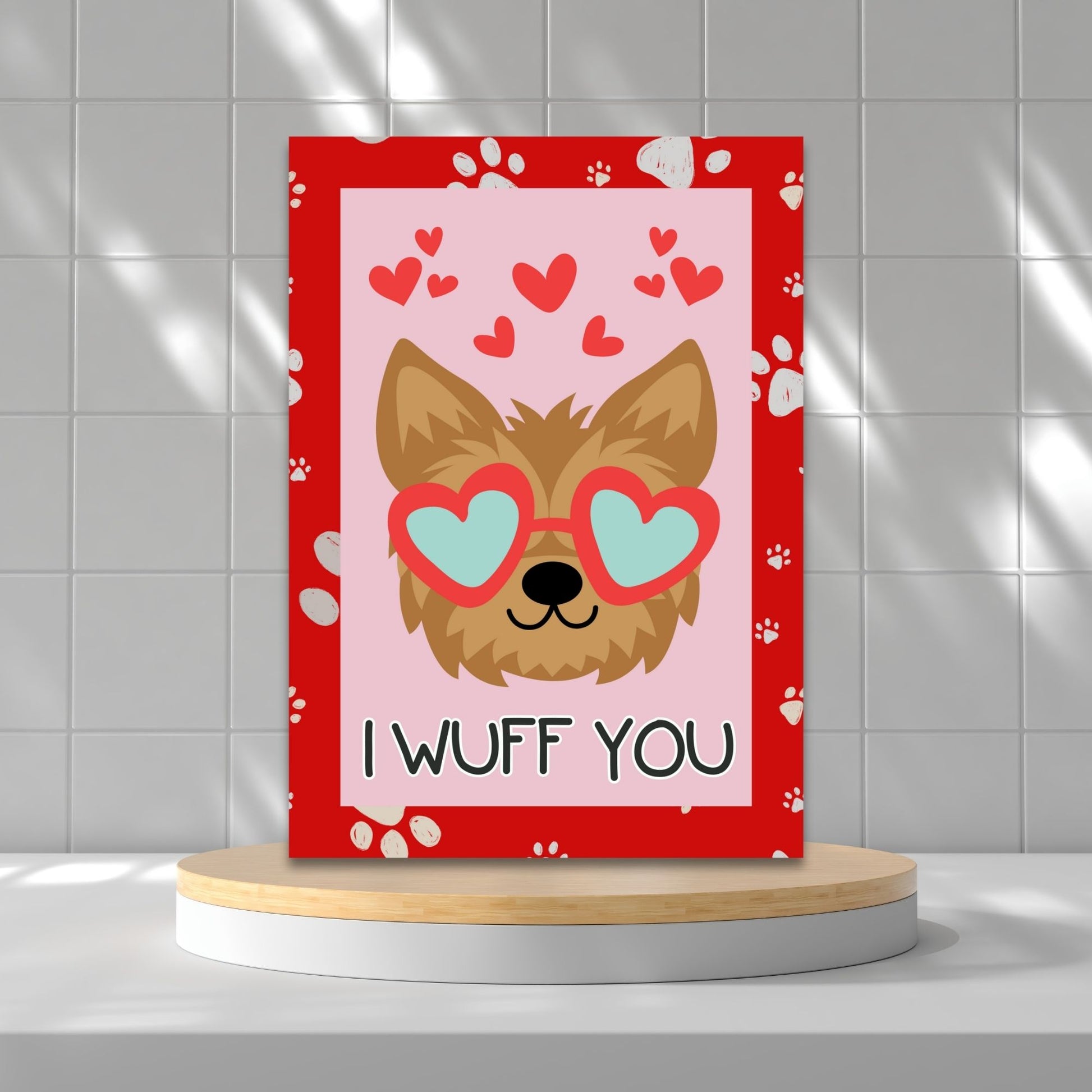 Printable Valentine’s Day Greeting Card featuring the pun “I Wuff You.” Designed as a 5x7 PDF on an 8.5 x 11 sheet with two cards per page. A cute and fun Valentine’s card for dog lovers.