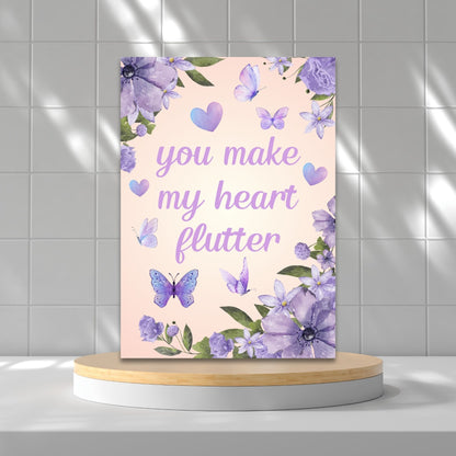 Printable Valentine’s Day Greeting Card featuring the phrase “You Make My Heart Flutter.” Designed as a 5x7 PDF on an 8.5 x 11 sheet with two cards per page. A whimsical and heartfelt Valentine’s card for nature lovers.