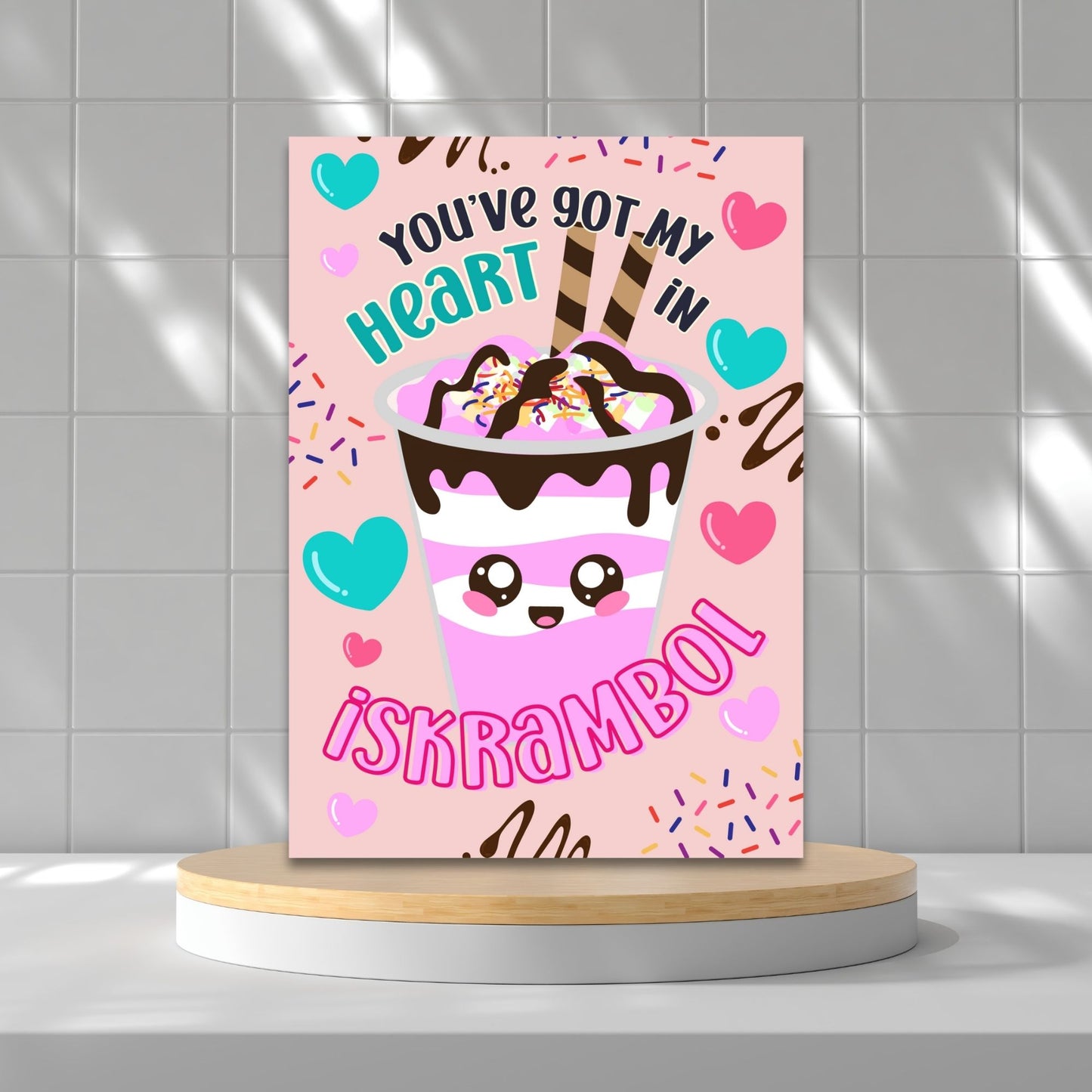 Printable Valentine’s Day card featuring the phrase “You’ve Got My Heart in Iskrambol” with a fun and colorful ice scramble design. Designed as a 5x7 PDF on an 8.5 x 11 sheet with two cards per page. A punny and heartfelt Valentine’s card for Filipino food lovers.