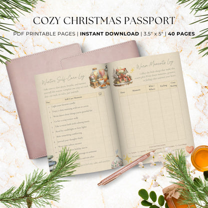 Cozy Christmas Passport Printable – 40-page hygge holiday journal with watercolor illustrations, tasting logs, self-care pages, and winter reflections.