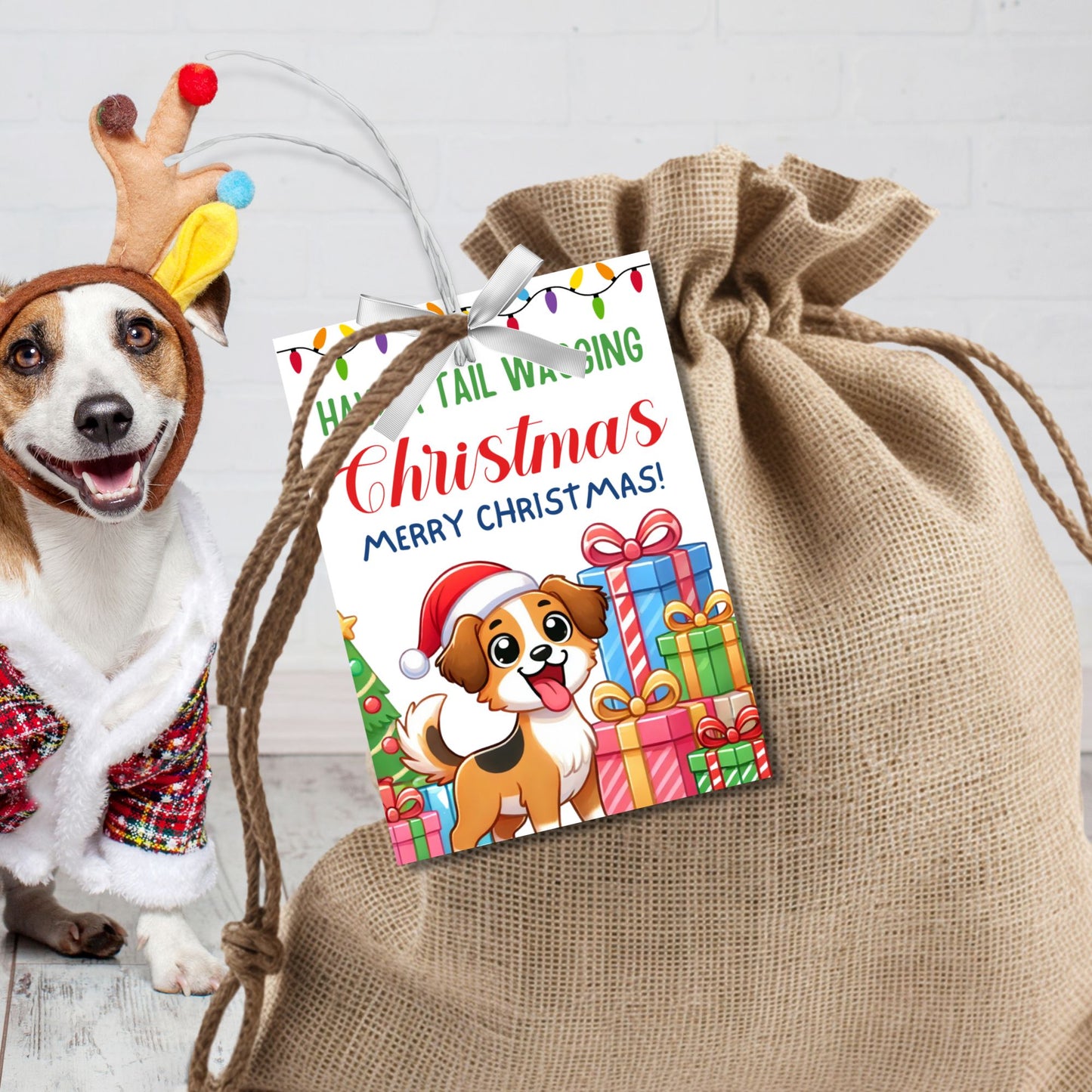 Christmas gift tags featuring a happy dog wearing a Santa hat with festive presents and colorful lights, paired with the message "Have a Tail Wagging Christmas." These printable and editable tags add a playful touch to holiday gifts for dog lovers.