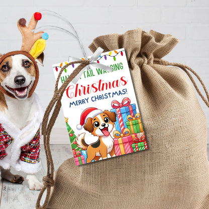 Christmas gift tags featuring a happy dog wearing a Santa hat with festive presents and colorful lights, paired with the message "Have a Tail Wagging Christmas." These printable and editable tags add a playful touch to holiday gifts for dog lovers.