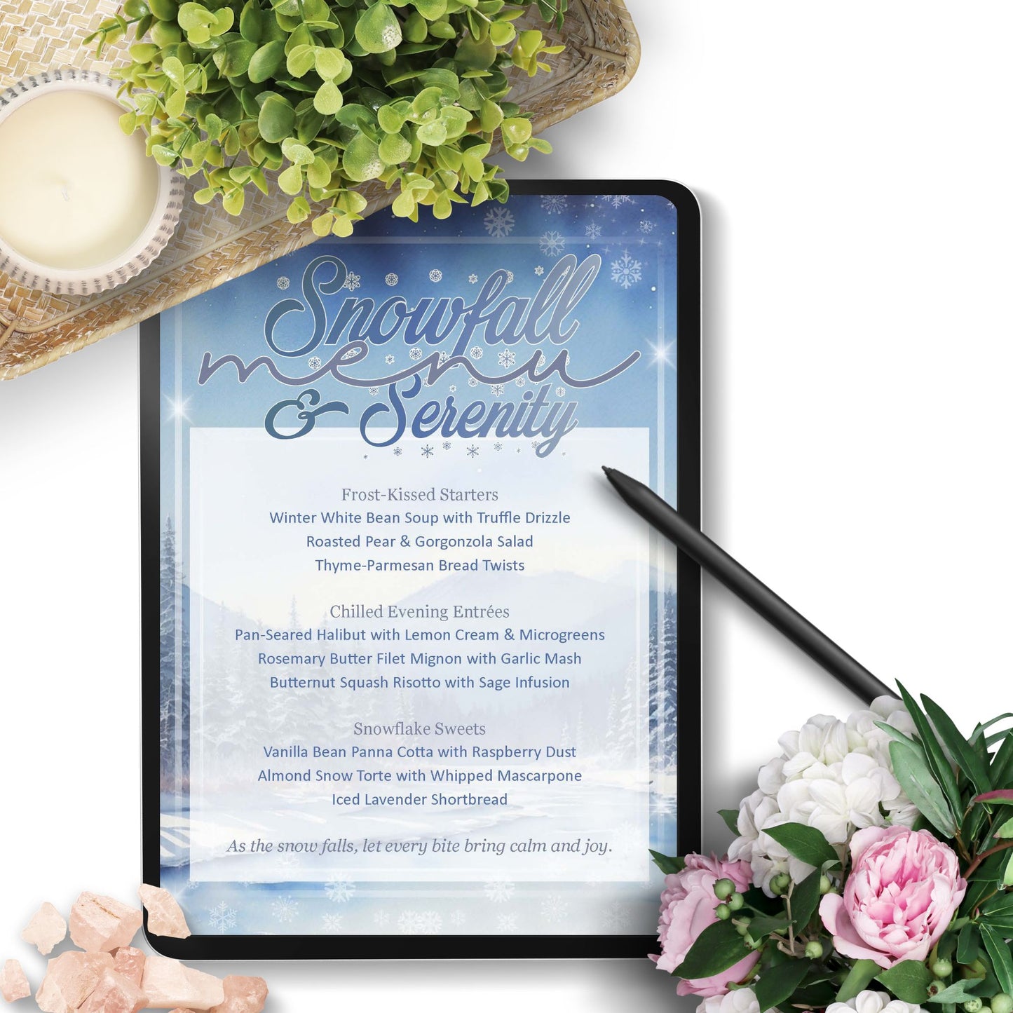 Digital menu with 'Snowfall & Serenity' theme on a tablet, surrounded by flowers and a candle.
