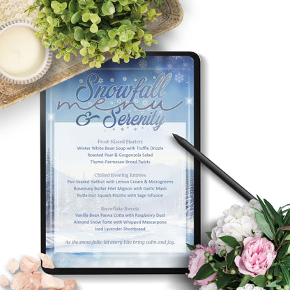 Digital menu with 'Snowfall & Serenity' theme on a tablet, surrounded by flowers and a candle.