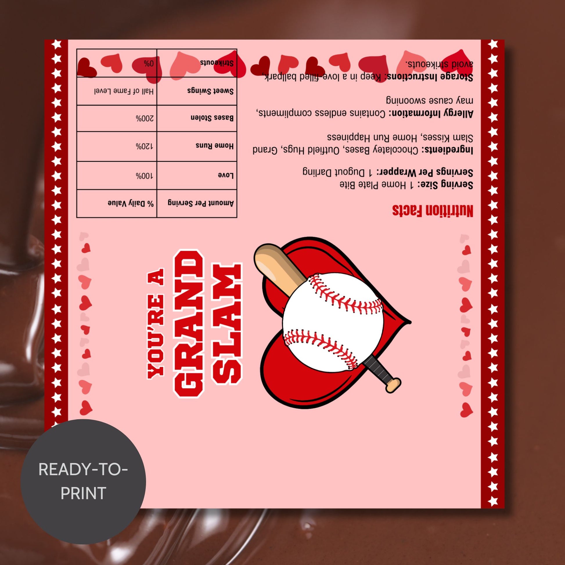 A baseball-themed Valentine’s Day chocolate bar wrapper featuring the phrase "You're a Grand Slam Valentine!" with a festive pink background, red hearts, a baseball, and a bat. Perfect for teammates, coaches, and baseball fans!