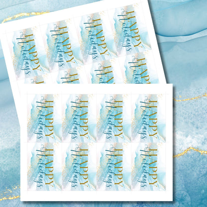 Blue and gold marble Holiday gift tags featuring a luxurious design with gold accents and elegant "Happy Holidays" text, sized 2.5 x 3.5 inches, 8 per sheet.